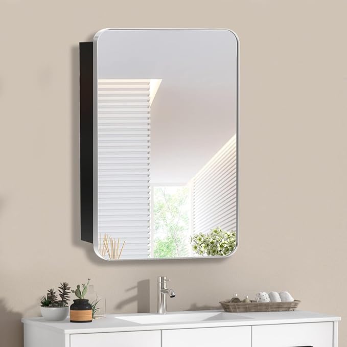 Medicine Cabinet with Framed Mirror, 20 x 26 Inch Silver Round Corners Bathroom Cabinets, Recessed or Surface Wall-Mounted, Double Doors, Removable Glass Shelves for Bathroom Bedroom Kitchen