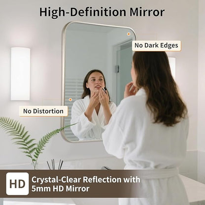 Brushed Nickel Mirror, 22x30 Inch Brushed Nickel Rectangle Mirror, Aluminum Alloy Framed Vanity Mirror, Rounded Rectangle Bathroom Mirror for Over Sink, Anti-Rust