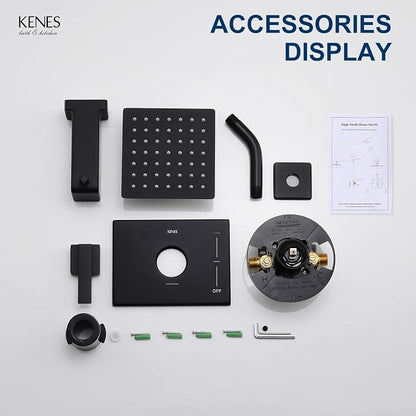 KENES Shower Set with Tub Faucet, Matte Black Tub and Shower Trim Kit | Shower Faucet with 6-Inch Rain Shower Head, Square Shower System, Valve Included, Lead-Free cUPC & NSF Certified, Stainless
