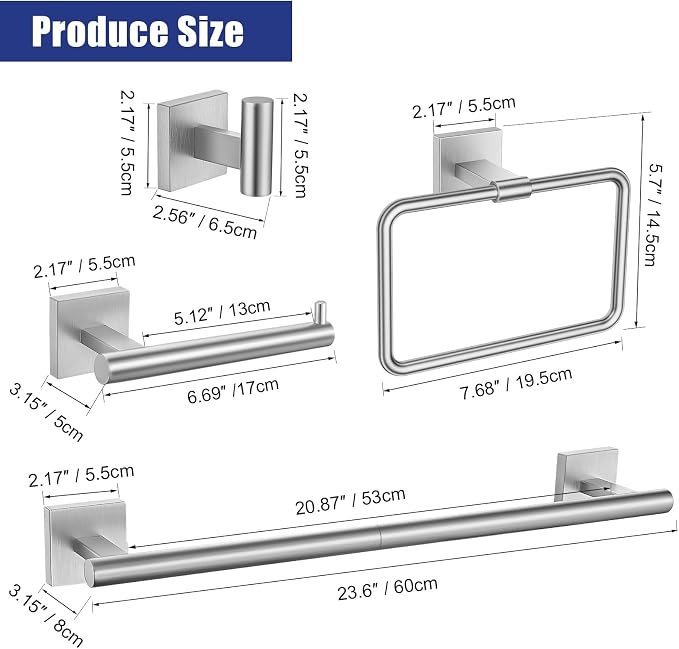 Brushed Nickel Towel Bar Set 5 Pieces Brushed Bathroom Hardware Accessories Set,Towel Holder Set for Bathroom SUS304 Stainless Steel Wall-Mounted Towel Holder Set,23.6 Inch