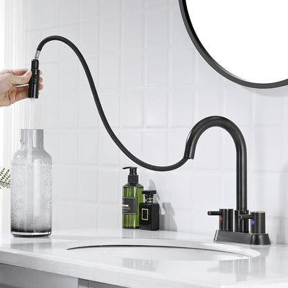 Oil Rubbed Bronze Bathroom Faucet with Pull Out Sprayer, Dual-Function Spout Bronze Bathroom Sink Faucets, 4 Inch Two Handle Utility Sink Faucet with Sprayer 3 Hole, Easy Pet Shower, RVs