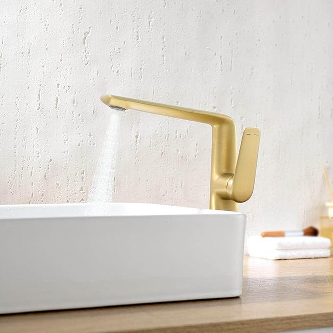 BiaoTeng Brushed Gold Bathroom Faucets Single Handle High 2 Function Hot and Cold Brass Single Hole Bathroom Faucet 1 Hole