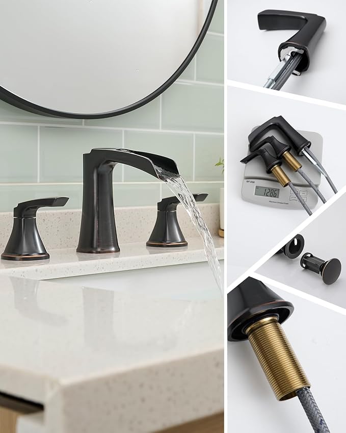 Fapully Oil Rubbed Bronze Bathroom Faucet 3 Hole, Waterfall 8 Inch Two-Handle Widespread Bathroom Sink Faucet with Pop-up Drain