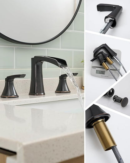 Fapully Oil Rubbed Bronze Bathroom Faucet 3 Hole, Waterfall 8 Inch Two-Handle Widespread Bathroom Sink Faucet with Pop-up Drain