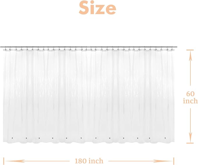 Mrs Awesome 180x60 Extra Wide Size Shower Curtain Liner Clear | 12 Bottom Magnets,36 Free Hooks,32 Rustproof Grommets,Water Proof Heavy Duty PEVA,180W x 60H for Claw Foot Bathtub Extra Wide