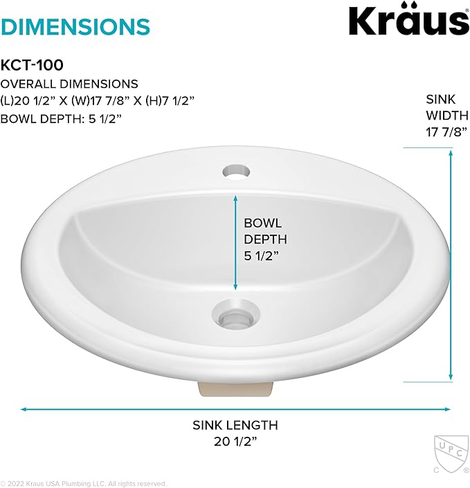 KRAUS Elavo 20.5 in. Oval Porcelain Ceramic Self-Rimming Drop In Bathroom Sink in White with Overflow Drain, KCT-100