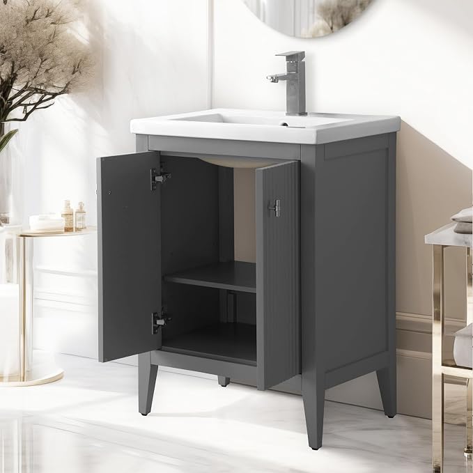 Vanity Art 24 inch Bathroom Vanity with Single Sink & Ceramic Top, Vanity Cabinet with Soft-Closing Door, Solid Wood Frame, Linear Pattern, Cashmere Gray, VA9124-G-MB,Matte Black Handles