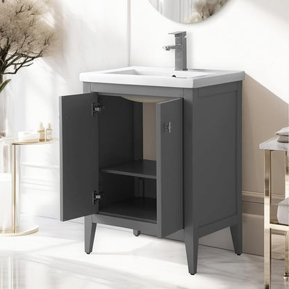 Vanity Art 24 inch Bathroom Vanity with Single Sink & Ceramic Top, Vanity Cabinet with Soft-Closing Door, Solid Wood Frame, Linear Pattern, Cashmere Gray, VA9124-G-MB,Matte Black Handles