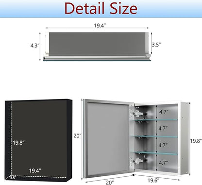 Aluminum Medicine Cabinet with Mirror, 20x20 Inch Mirror Cabinet, Assembly Needed, Recessed/Wall Mount, 3 Adjustable Tempered Glass Shelves, Bathrroom Medicine Cabinet, Reversable Door