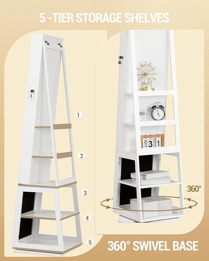 Hzuaneri 16 LEDs Jewelry Cabinet Armoire, Standing Jewelry Organizer | Lockable Full-length Mirror, 360° Rotating Base, 5-tier Storage Shelves, 4-in-1 Design, 61.5" H, White and Black JC15903B