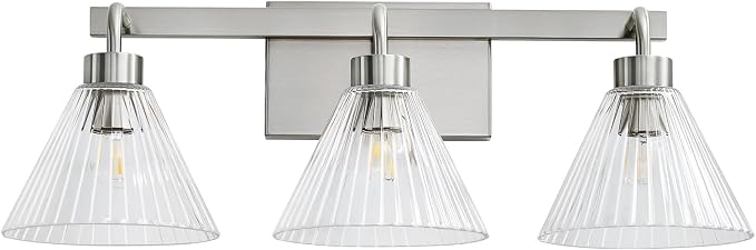 AIJIASI 3-Light Bathroom Light Fixtures Brushed Nickel Vanity Lights for Bathroom with Ribbed Glass Shade 24 Inch Bathroom Lighting Fixtures Over Mirror Wall Sconce Light for Restroom