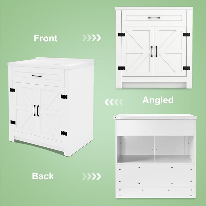 32" Farmhouse Bathroom Vanity with Ceramic Sink, 2 Barn Door Design, Freestanding Storage Cabinet, Actual 31.5" L x 18.5" W x 35.4" H, White