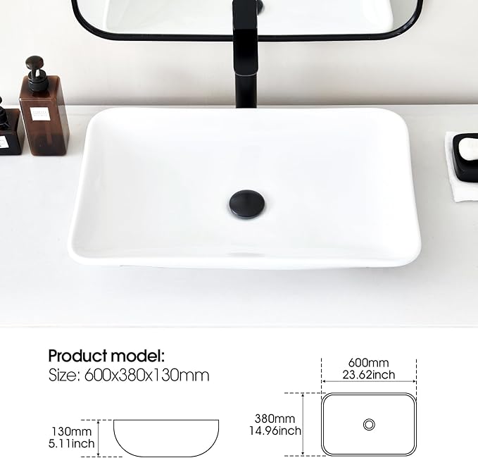 24*15 Inch Glossy White Modern Art Countertop Bathroom Vessel Sink, Decorative-Functional Ceramics Rectangle Vessel Sinks, Elegant Above Counter Large Washbasin Bowl for Bathroom Vanity, RVs