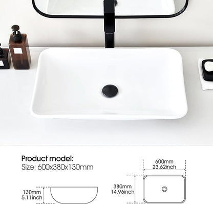 24*15 Inch Glossy White Modern Art Countertop Bathroom Vessel Sink, Decorative-Functional Ceramics Rectangle Vessel Sinks, Elegant Above Counter Large Washbasin Bowl for Bathroom Vanity, RVs