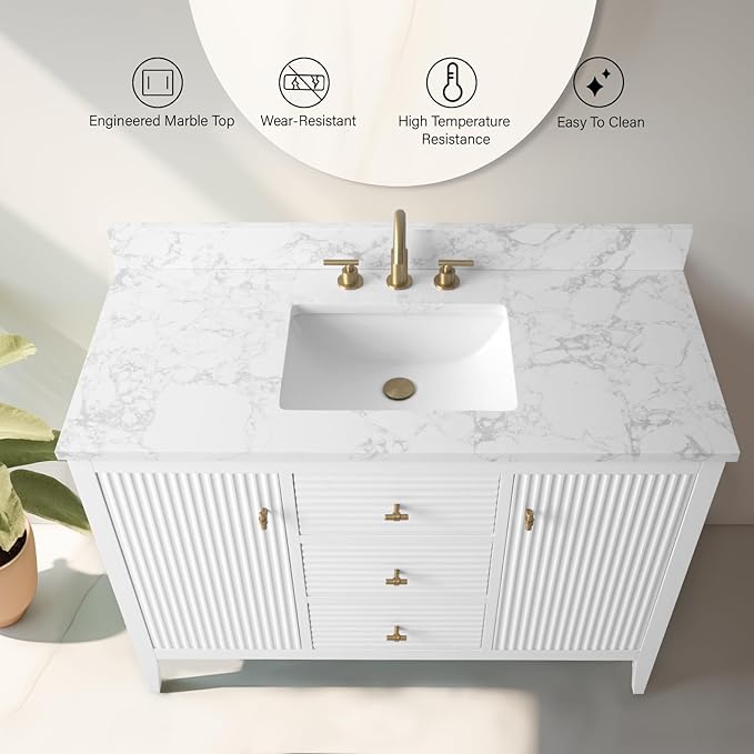 Vanity Art 48 inch Bathroom Vanity with Single Sink & Ceramic Top, Vanity Cabinet with Soft-Closing Door, Solid Wood Frame, Linear Pattern, White, Golden Brushed Handware VA9148-W-GB