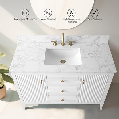 Vanity Art 48 inch Bathroom Vanity with Single Sink & Ceramic Top, Vanity Cabinet with Soft-Closing Door, Solid Wood Frame, Linear Pattern, White, Golden Brushed Handware VA9148-W-GB