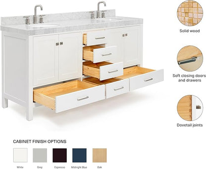 ARIEL Cambridge 72-inch Bathroom Vanity with Sink,Solid Wood, 2-inch Italian Carrara Marble Countertop & Backsplash, Double Oval Porcelain Sink, 4 Soft Closing Doors, 6 Dovetail Drawers, White