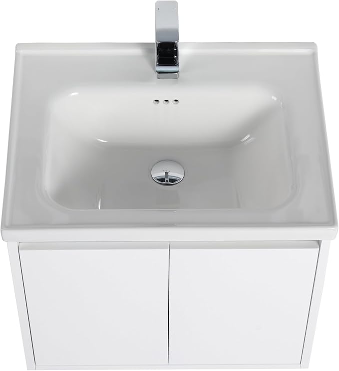 Blossom 24 Inch Glossy White Plywood Floating Bathroom Vanity with Ceramic Sink, Preassembled Wall Mounted Small Bathroom Vanity Cabinet with Soft Close Doors