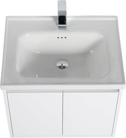 Blossom 24 Inch Glossy White Plywood Floating Bathroom Vanity with Ceramic Sink, Preassembled Wall Mounted Small Bathroom Vanity Cabinet with Soft Close Doors