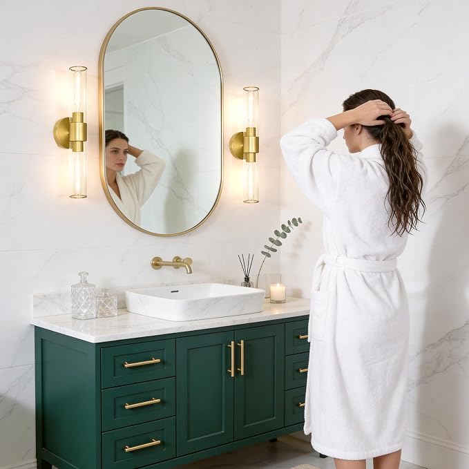 Brushed Gold Wall Sconces Set of 2 (Hardwired Only), Bathroom Vanity Light Fixtures, Modern Cylinder Glass Wall Lights for Mirror 28-40 in Height, NOT Battery Operated, E26 Base (Bulbs Not Included)