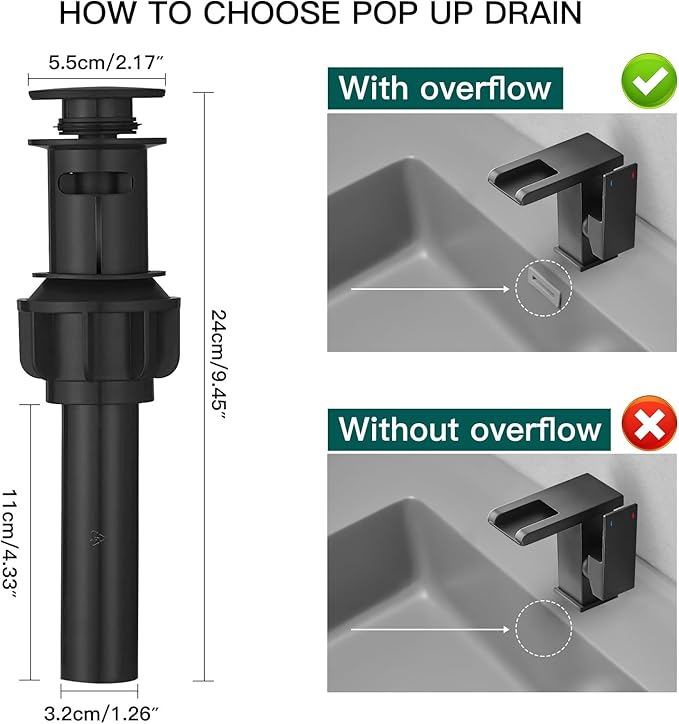 Hoimpro LED Waterfall Bathroom Faucet Matte Black, Single Handle Bathroom Sink Faucet 1 Hole, 3 Colors Light Changing vanity faucet, with Pop-up Drain and cUPC Supply Lines, Stainless Steel