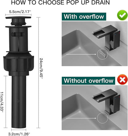Hoimpro LED Waterfall Bathroom Faucet Matte Black, Single Handle Bathroom Sink Faucet 1 Hole, 3 Colors Light Changing vanity faucet, with Pop-up Drain and cUPC Supply Lines, Stainless Steel