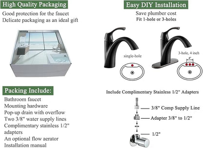 Bathroom Faucet Oil Rubbed Bronze, Single Handle Bathroom Sink Faucet for 1 Hole with 3 Holes Deck Plate, Lavatory Vanity Faucets, Pop Up Drain and Water Supply Lines Included, TAF206-ORB