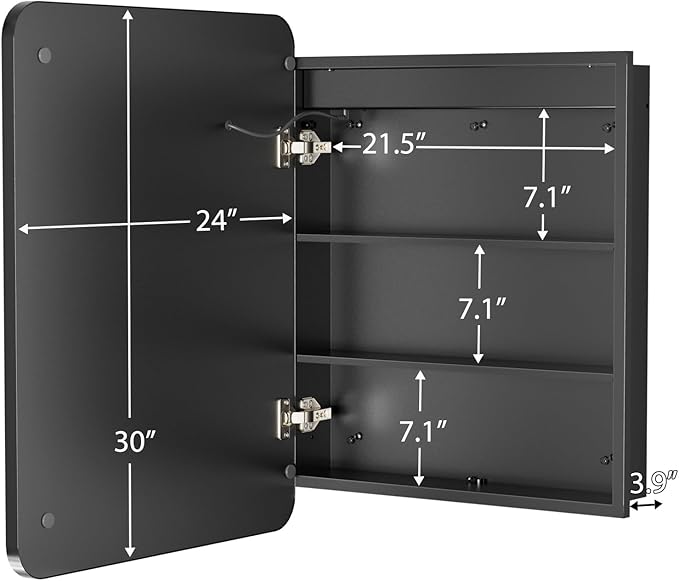 ROOMTEC Lighted Medicine Cabinet with Mirror 24"x30", Bathroom Mirror Cabinet with Lights and Storage, Single Doors Bathroom Wall Cabinet with LED Lights,Black