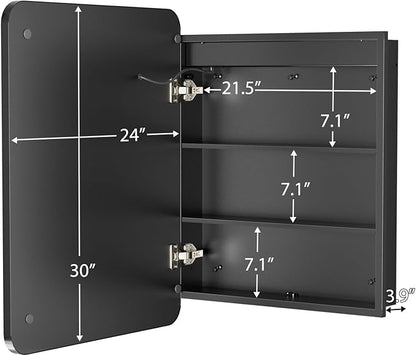 ROOMTEC Lighted Medicine Cabinet with Mirror 24"x30", Bathroom Mirror Cabinet with Lights and Storage, Single Doors Bathroom Wall Cabinet with LED Lights,Black