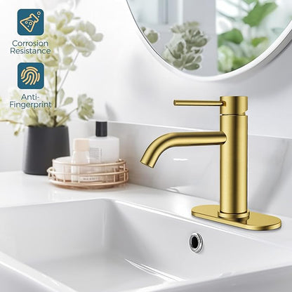 FORIOUS Gold Bathroom Faucets 1 Hole, Stainless Steel Bathroom Sink Faucet with Metal Pop up Drain and Supply Hose, Suitable for Vanity Lavatory Restroom Remodel