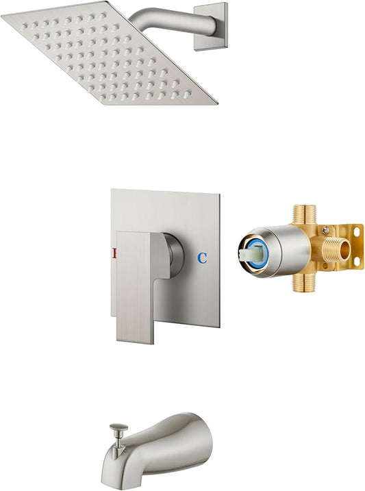 Airuida 6 Inch Shower Faucet Set,Bathtub Faucet Kit,Brushed Nickel | Shower Tub Faucet Set,Male Threads Rough-In Valve,Square Head Shower System