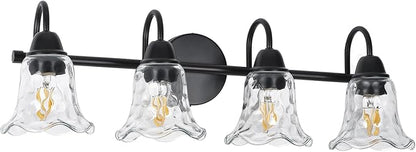 Bathroom Light Fixtures over Mirror, 4 Lights Vintage Wall Sconces with Hammered Glass Shade, 26.8" Matte Black Farmhouse Bathroom Wall Light Fixtures for Bedroom, Porch, Hotel, Mirror Cabinet