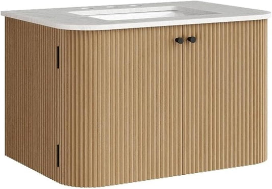 Modway Zia 30 Inch Wall-Mount Bathroom Vanity in Natural with Marble Sink Basin - Floating Bathroom Cabinet with Fluted Design