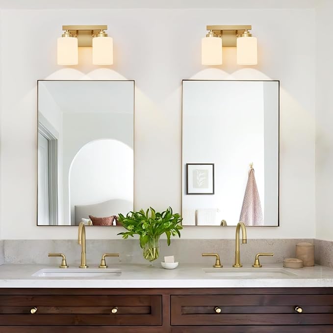 Bathroom Light Fixtures, Vanity Light Over Mirror Gold 2-Light Fixture | Modern bathroom vanity light fixture with metal frame, ideal for mirrors, bedrooms and hallways. Fits E26 bulbs.