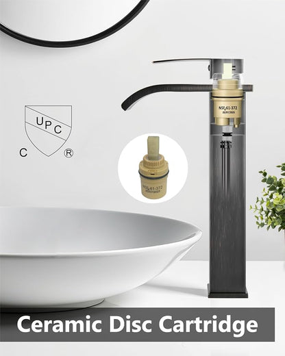 Oil Rubbed Bronze Waterfall Vessel Sink Faucet,Tall Bathroom Faucet | Single-Handle Single-Hole Lavatory Vanity Sink Faucet Mixer Tap Includes Pop-Up Drain and Supply Lines