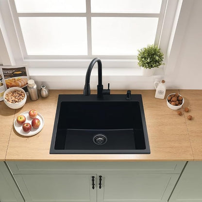 25 Inch Quartz Drop In Kitchen Sink | 25x22 Inch Black Granite Composite Quartz Drop In Utility Outdoor Sink Topmount Single Bowl Kitchen Sink with Rubber Squeegee