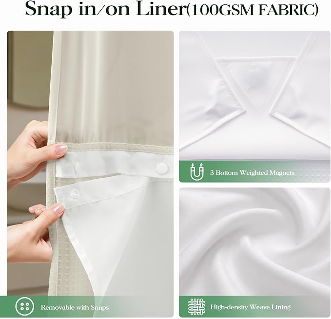 Cream Hook Free Waffle Shower Curtain & Snap-in Fabric Liner,72x99 | Less Time to install, 3 in 1 Fabric Shower Curtain and Liner Set with Magnets, Extra Long, Shower Curtains for Bathroom