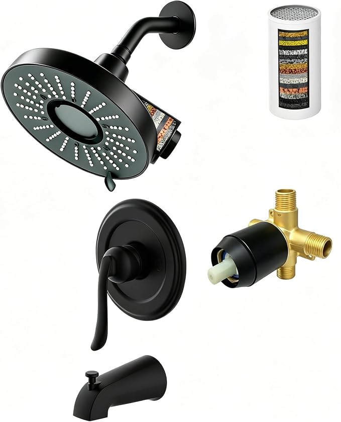Tub Shower Faucet Set Valve Included with 6-Inch filter Rain Shower Head and Tub Spout Single-Handle Tub and Shower Trim Kit Matte Black