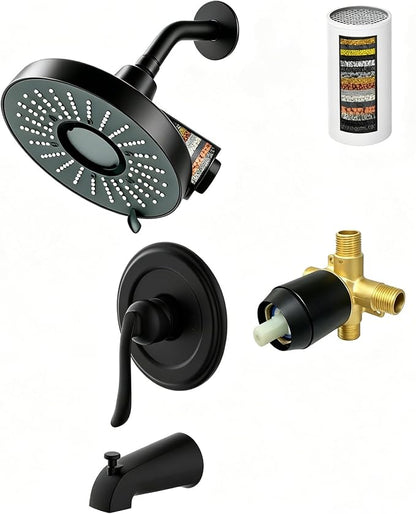 Tub Shower Faucet Set Valve Included with 6-Inch filter Rain Shower Head and Tub Spout Single-Handle Tub and Shower Trim Kit Matte Black