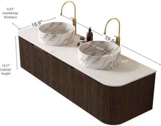 60'' Bathroom Vanities Cabinet with Sink, Wall Mounted Floating Cabinet W/Curved Edges Stripes, Oak Plywood, Soft-Close System with 2 Drawer & 2 White Round Ceramic Basin - Kiel, Dark Walnut/S