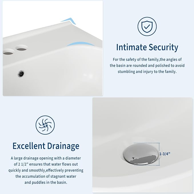 22" x 17" Pedestal Sink – White Ceramic Rectangular Bathroom Vanity with Overflow, Bathroom Pedestal Sink with 3 Pre-Drilled Holes for 4 in Faucets