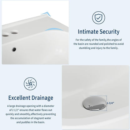22" x 17" Pedestal Sink – White Ceramic Rectangular Bathroom Vanity with Overflow, Bathroom Pedestal Sink with 3 Pre-Drilled Holes for 4 in Faucets