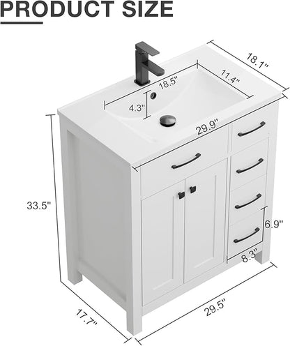 LUCKWIND 30" Modern Bathroom Vanity with Sink, Painted Storage Cabinet with Undermounted Sink, Two Doors and Three Drawers, Include Faucet Without Mirror, White