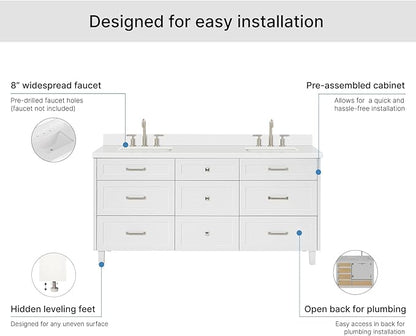 ARIEL Monroe 72-inch Bathroom Vanity with Sink,Solid Wood, 1.5-inch Pure White Quartz Countertop & Backsplash, Double Oval Porcelain Sink, 9 Dovetail Drawers, Brushed Nickel, White