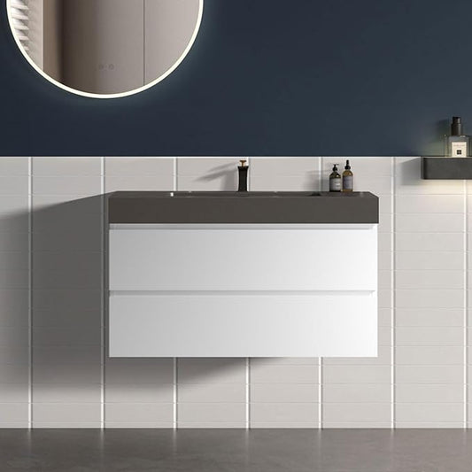 36" Floating Bathroom Vanity with Black Sink, Modern Bathroom Cabinet with Top and Soft Close Drawers, Spacious Storage for Small Space, White - Lavanda Collection