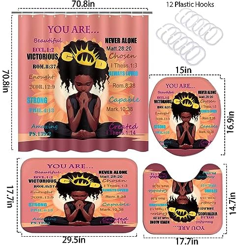 4PCS Black Praying Girl Shower Curtain Set, Inspirational Quote Cute African American Girl Bathroom Decor Sets with Shower Curtain and Rug Toilet Lid Cover and Bat Mat