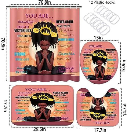 4PCS Black Praying Girl Shower Curtain Set, Inspirational Quote Cute African American Girl Bathroom Decor Sets with Shower Curtain and Rug Toilet Lid Cover and Bat Mat