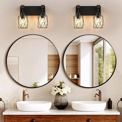Bathroom Light Fixtures,Farmhouse Black Metal with Glass Shade | 2 Light Rustic Vanity Lights, Wood Accent Wire Cage Design, Mounts Over Mirror, Ideal for Bedroom & Hallway,Easy to Install