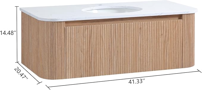 42 Inch Wall Mounted Bathroom Vanity with Ceramic Sink, Pre-Assembled Floating Vanity Cabinet with Cararra Artificial Countertop, Wave Texture Finish & Drawer, Wood