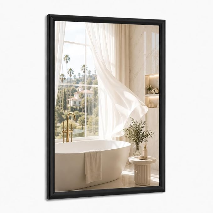 22x30 Inch Matte Black Bathroom Mirror for Over Sink | Curved Aluminum Frame Rectangular Vanity Mirror, HD Tempered Glass, Rust-Resistant Wall Mirror for Bedroom & Entryway